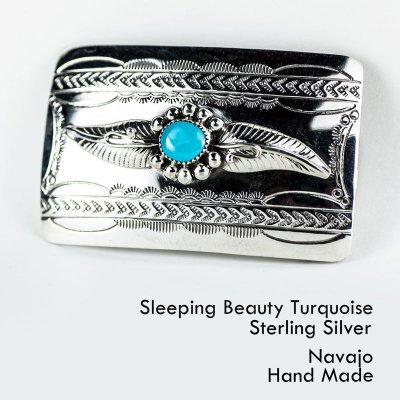 画像1: ナバホ スリーピングビューティーターコイズ&スターリングシルバー ハンドメイド ベルト バックル/Navajo Handmade Belt Buckle