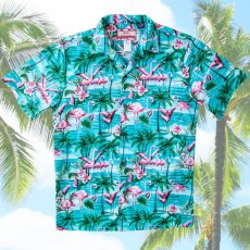 画像2: RJC ロバート・J・クランシー アロハシャツ フラミンゴ・パームツリー（アクア）/RJC ROBERT J. CLANCEY Aloha Shirt (2)