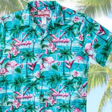 画像1: RJC ロバート・J・クランシー アロハシャツ フラミンゴ・パームツリー（アクア）/RJC ROBERT J. CLANCEY Aloha Shirt (1)