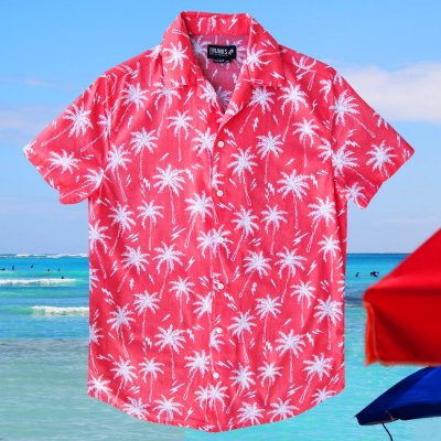 画像1: パームツリー アロハシャツ（コーラル・ホワイト）/Short Sleeve Hawaiian Shirt(Coral)