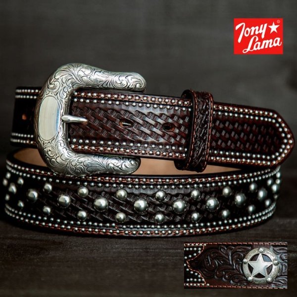 トニーラマ スターコンチョ&スタッズ ウエスタン レザー ベルト（ブラウン）/Tony Lama Western Belt(Brown)  ウエスタンベルト・バックル