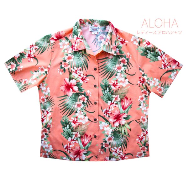 アメリカ・ハワイ製 レディース アロハシャツ（サーモンピンク）M/Aloha Shirt(Women's) レディースウェア