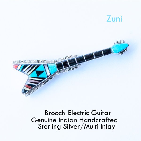ロック ギター エレクトリックギター ブローチ・アメリカインディアン ズニ族 925シルバーu0026マルチインレイ/Zuni Multi Inlay  Guitar Brooch ペンダント・ネックレス・ブローチ・ターコイズ石・ジュエリーパーツ