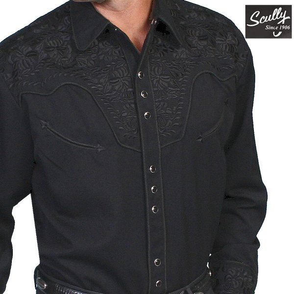 スカリー ブラック&ブラック刺繍 ウエスタン シャツ（長袖/ブラック
