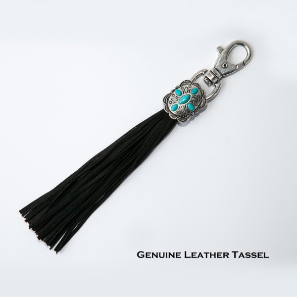 レザータッセル ターコイズ&シルバーコンチョ アクセサリー クリップ キーホルダー（ブラック）/Leather Tassel Key Clip w/ Concho(Black) キーホルダー・キーケース・ストラップ