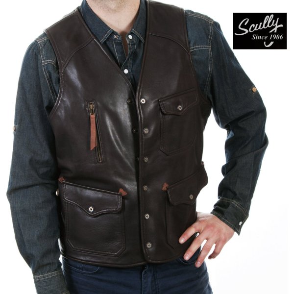 スカリー スナップフロント ダークブラウン ラギッドラム 4ポケットフロント リアル レザー ベスト/Scully Rugged Lamb Real  Leather Vest(Dark Brown) ベスト