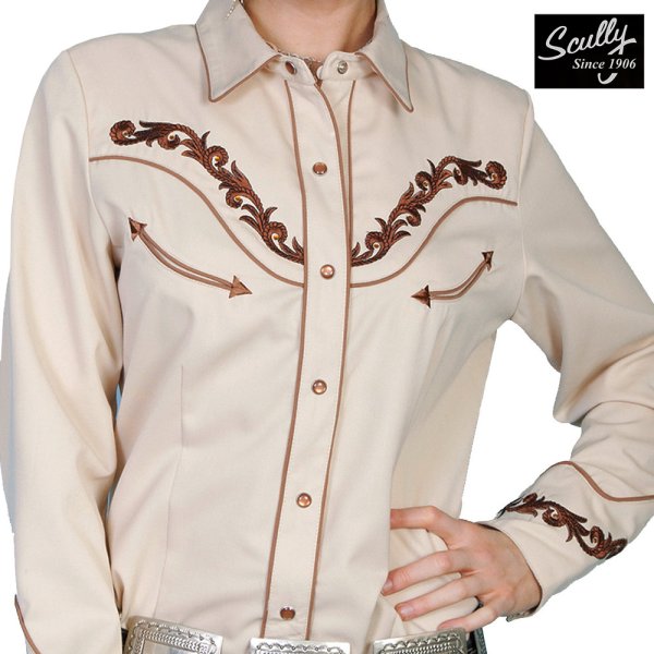スカリー 刺繍・ラインストーン ウエスタン シャツ（長袖/クリーム・ゴールド）/Scully Long Sleeve Western Shirt(Women's)  レディースウェア