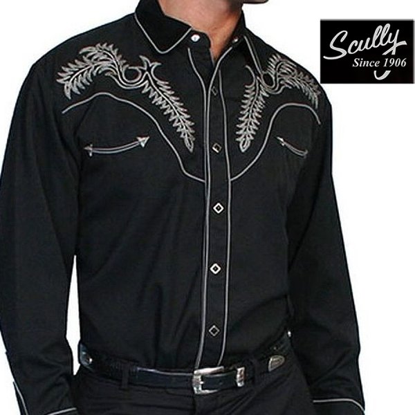 スカリー ブーツステッチ 刺繍 ウエスタン シャツ（長袖/ブラック・シルバーグレー）L（身幅63cm）/Scully Long Sleeve Boot  Stitch Embroidered Western Shirt(Black) 長袖シャツ・ウエスタンシャツ