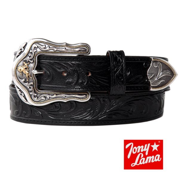 トニーラマ ウエスタン レザー ベルト（ブロンコライダー ブラック）/Tony Lama Western Leather Belt・1-1/2