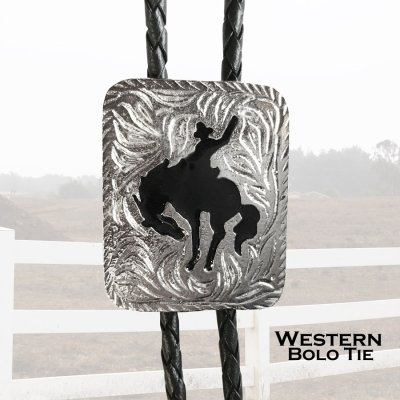 画像1: ボロタイ カウボーイ ブロンコライダー（シルバー・ブラック）/Western Bolo Tie Square w/Bronc Rider