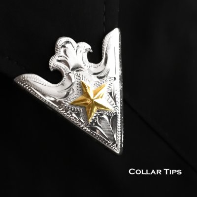 画像1: ウエスタン カラーチップ シルバー・ゴールドスター/Collar Tips Engraved Silver w/Gold Star