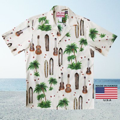 画像1: RJC ロバート・J・クランシー アロハシャツ ウクレレ・パームツリー・サーフボード（アイボリー）L/RJC ROBERT J. CLANCEY Aloha Shirt