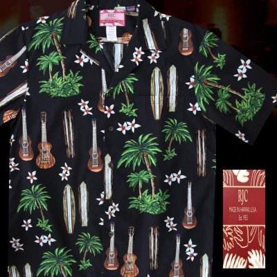 画像2: RJC ロバート・J・クランシー アロハシャツ ウクレレ・パームツリー・サーフボード（ブラック）/RJC ROBERT J. CLANCEY Aloha Shirt