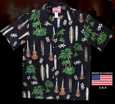 画像1: RJC ロバート・J・クランシー アロハシャツ ウクレレ・パームツリー・サーフボード（ブラック）/RJC ROBERT J. CLANCEY Aloha Shirt