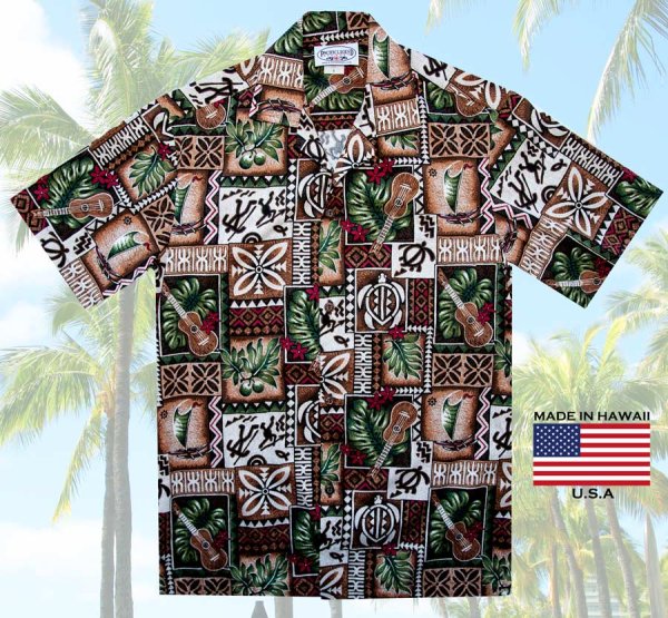 アロハシャツ ハワイアンシャツ ウクレレ・リーフ（ブラウン）/Aloha Shirt Ukulele(Brown) 半袖シャツ・Tシャツ