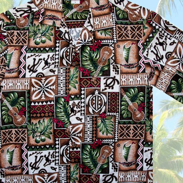 アロハシャツ ハワイアンシャツ ウクレレ・リーフ（ブラウン）/Aloha Shirt Ukulele(Brown) 半袖シャツ・Tシャツ