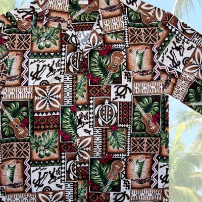 画像2: アロハシャツ ハワイアンシャツ ウクレレ・リーフ（ブラウン）/Aloha Shirt Ukulele(Brown)