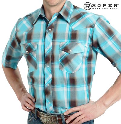 画像1: ローパー スナップフロント ウエスタン シャツ（ターコイズ・ブラウン/半袖）/Roper Short Sleeve Western Shirt(Turquoise/Brown)