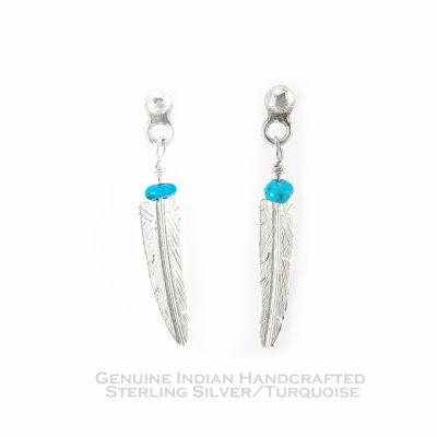 画像1: インディアンジュエリー ナバホ族 フェザースターリングシルバー ターコイズ ピアス/Native American Navajo Sterling Silver Turquoise Feather Earrings