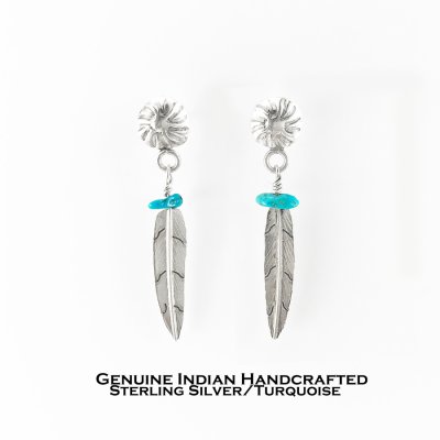 画像1: インディアンジュエリー アメリカ ナバホ族 フェザースターリングシルバー ターコイズ ピアス/Native American Navajo Sterling Silver Turquoise Feather Earrings