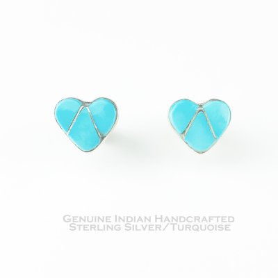 画像1: インディアンジュエリー アメリカ ズニ族 ハンドメイド ターコイズ スターリングシルバー ハート ピアス/Native American Zuni Turquoise Sterling Silver Heart Earrings