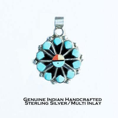 画像1: アメリカインディアン ズニ族 サンフェイス ペンダント ト ップ/Zuni Sterling Silver Multi Inlay Pendant