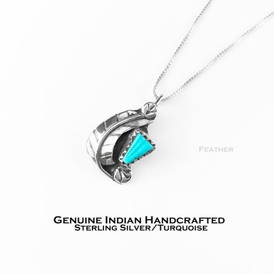 画像1: インディアンジュエリー アメリカ ズニ族 スターリングシルバー  ターコイズ フェザー ペンダント トップ/Zuni Handmade Sterling Silver Turquoise Feather Pendant