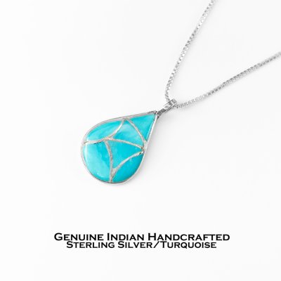 画像1: アメリカ インディアン ズニ族 ターコイズ スターリングシルバー ティアドロップ ペンダント トップ/Zuni Handmade Sterling Silver Turquoise Pendant