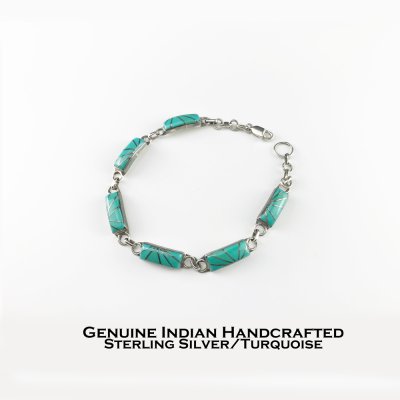 画像1: インディアンジュエリー アメリカ ズニ族 スターリングシルバー ターコイズ インレイ ブレスレット 20cm/Native American Zuni Handmade Sterling Silver Turquoise Inlay Bracelet