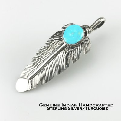 画像1: ネイティブアメリカン ナバホ族 フェザー ターコイズ&スターリングシルバー ペンダント トップ/Navajo Handmade Turquoise&Sterling Silver Pendant