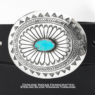 画像1: キングマン ターコイズ&スターリングシルバー ナバホ ハンドメイド ベルト バックル/Native American Navajo Sterling Silver Kingman Turquoise Belt Buckle