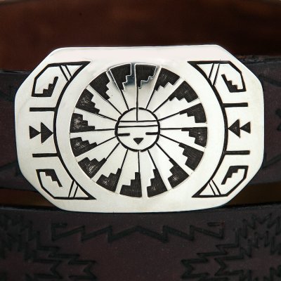 画像1: インディアン ホピ族 サンフェイス オーバーレイ シルバー バックル /Hipi Sterling Silver Sun Face Belt Buckle