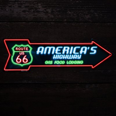 画像1: ルート66 アメリカズ ハイウェイ アロー メタルサイン ティンサイン/ROUTE US 66 AMERICA'S HIGHWAY GAS FOOD LODGING Metal Sign