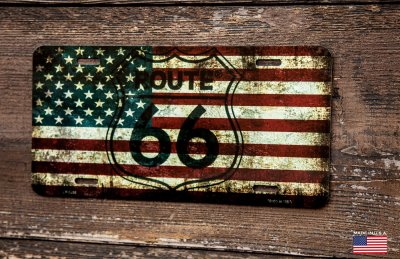 画像1: ルート66 アメリカ国旗 ライセンスプレート ナンバープレート/Route 66 American Flag Metal License Plate