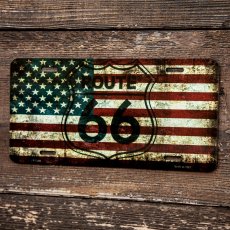 画像1: ルート66 アメリカ国旗 ライセンスプレート ナンバープレート/Route 66 American Flag Metal License Plate (1)