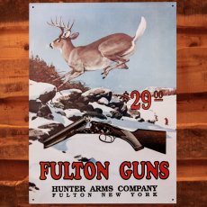 画像1: フルトン ガンズ ハンティング銃 鹿 ディア ティンサイン メタルサイン 看板/FULTON GUNS HUNTER ARMS COMPANY FULTON NEW YORK Metal Sign  (1)