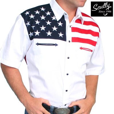 画像1: スカリー USA アメリカ国旗 星条旗 刺繍 シャツ（メンズ 半袖）/Scully Short Sleeve Western Shirt(Patriot  Red/WHite/Blue) 