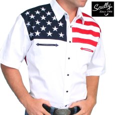 画像1: スカリー USA アメリカ国旗 星条旗 刺繍 シャツ（メンズ 半袖）/Scully Short Sleeve Western Shirt(Patriot  Red/WHite/Blue)  (1)