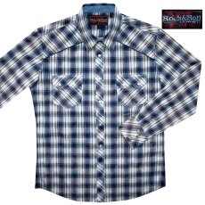 画像1: ロックンロール カウボーイ ウエスタンシャツ ブルー・ホワイト（長袖）M（身幅56cm）/Panhandle Slim Long Sleeve Western Shirt(Blue) (1)