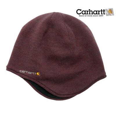 画像1: カーハート 刺繍ロゴ ウールブレンド フリースラインド イヤーフラップ ニットキャップ（バーガンディー）/Carhartt Ear-Flap Knit Cap(Burgundy)