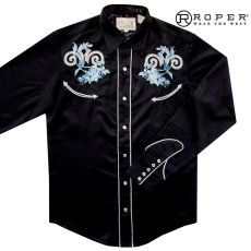 画像1: ローパー 刺繍 ウエスタンシャツ ブラック・ブルーローズ（長袖）S（身幅53cm）/Roper Long Sleeve Western Shirt (1)