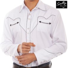 画像1: スカリー ウエスタン シャツ（長袖/ホワイト・ブラックキャンディケインパイピング）M（身幅60cm）/Scully Long Sleeve Western Shirt(Men's) (1)