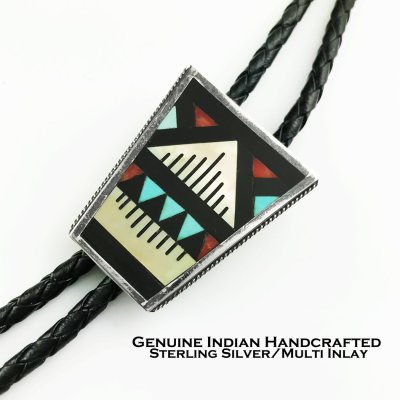 画像1: ネイティブアメリカン ズニ族 ハンドメイド スターリングシルバー マルチインレイ ボロタイ/ Zuni Handmade Sterling Silver Multi Inlay Bolo Tie