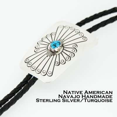 画像1: ネイティブアメリカン ナバホ族 シルバー&ターコイズ ハンドメイド ボロタイ/Navajo Sterling Silver&Turquoise Bolo Tie