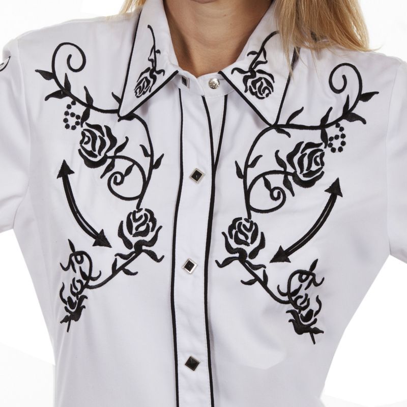 スカリー 刺繍 ウエスタン シャツ（長袖/ホワイト ブラック・ローズ