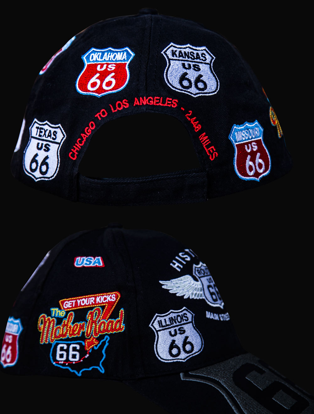 ルート66 8州 刺繍 ワッペン キャップ（ブラック）/Route 66 Cap(Black