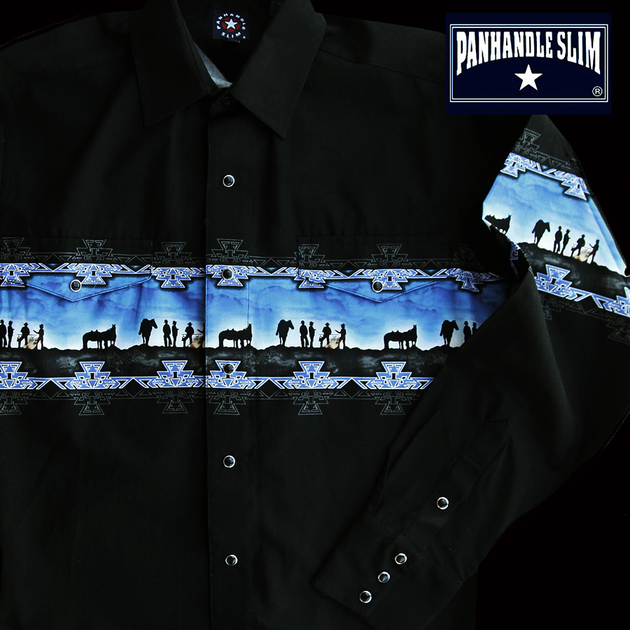 パンハンドルスリム ボーダー ウエスタンシャツ（長袖・ブラック ブルー）XL=身幅66cm/Panhandle Slim Long Sleeve  Western Shirt