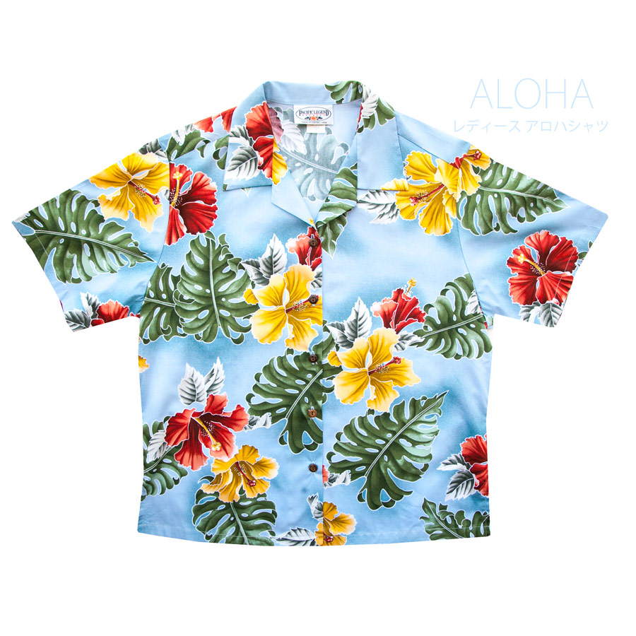 レディース アロハシャツ アメリカ・ハワイ製（ブルー・ハイビスカス 