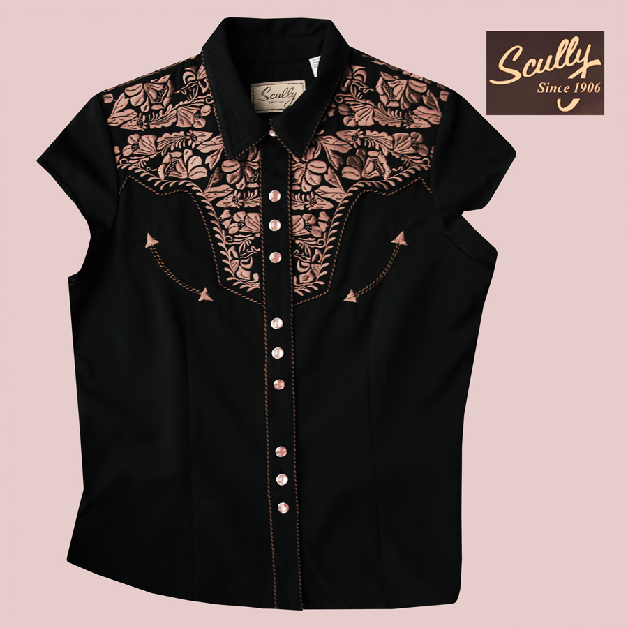 スカリー フローラル刺繍 ウエスタンシャツ ブラック キャップスリーブ M/Scully Western Shirt(Women's)
