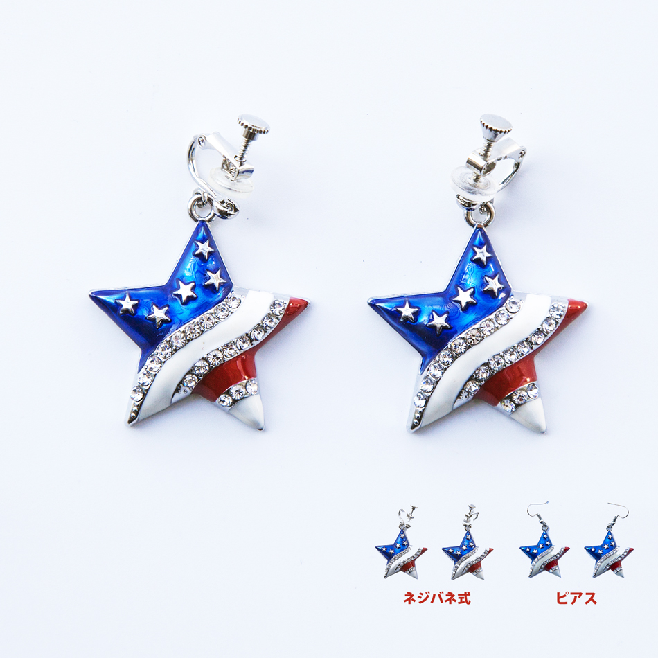 スター アメリカ国旗 星条旗 ラインストーン イヤリング（ネジバネ式）&ピアス/Earrings American Flag Stars